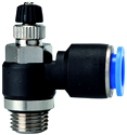 Unidirectional flow control valves with incoming air restriction, angled »Blue Series«